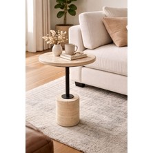 Zekmar Home Stone Doğal Traverten Yan Sehpa – Modern Siyah Metal Ayaklı Dekoratif Sehpa
