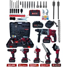 Prohummer Daflong DFL286 Profesyonel Akülü 6lı Set - 80NM Şarjlı Vidalama + Devir Ayarlı Taşlama + 600NM Torklu Somun Sıkma + Kırıcı Delici Hilti + Dijital Bağ Makası + Dal Budama Testere