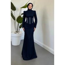 Merven Akyüz Calyra Seyyar Korseli Dantel Balık Abiye Lacivert