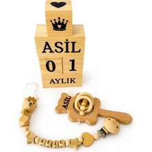 Shopfocus Kişiye Özel Isimli-Emzik Askısı Emzik Zinciri-Bebek Çıngırak-Bebek Anı Küpü Tekstil BOYALI-%100 Doğal Organik Ahşap Set-Hediyelik-Yeni Doğan-