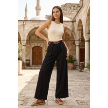 Modestim Kadın Yüksek Bel Geniş Paça  Pileli Kemer Detaylı Siyah Pantolon Şık ve Rahat Tasarım Atlas Kumaş