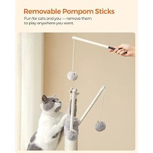 Feandrea PCT143W01 Kedi Ağacı, Tırmalama Tahtalı, 3 Çıkarılabilir Ponpon Çubuğu, 118 Cm, Açık Gri