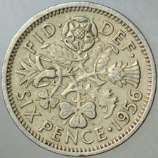 Banknoting Birleşik Krallık 6 Pence 1956 Kraliçe Iı. Elizabeth 19,5 mm Ingiltere.