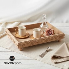 Sekay Ahşap Ham Ahşap Boyanabilir Kabartmalı Desenli Ayaklı Büyük Boy Dikdörtgen Sunumluk Tepsi