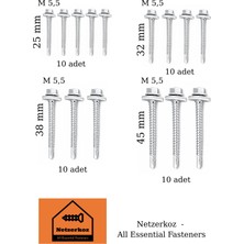 Netzerkoz 4 Çeşit 40 Adet Akıllı Trapez Çatı Vida - Matkap Uçlu 10'ar Adet x (M5.5X25 - M5.5X35 - M5.5X38 - M5.5X45)