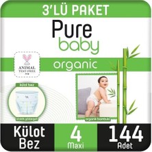 Pure Baby Organik Bambu Özlü Külot Bez 3'lü Paket 4 Numara Maxi 144 Adet