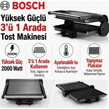 Bosch 3’ü 1 Arada Kullanıma Uygun Yapışmaz Plakalı 2000 W Tost ve Izgara Makinesi, Hızlı Isınan Kompakt Tasarım, Pratik Temizlik ve Günlük Mutfak Kullanımına Ideal