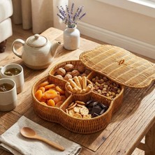Marsilyan Kapaklı 5 Bölmeli Plastik Rattan Organizer Kutu – Hasır Desenli Çok Amaçlı Saklama ve Sunum Sepeti Çerezlik (4887)