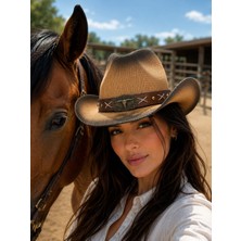 Aydın Şapkacınız Unisex Western Stil Sert Hasır Kovboy Şapkası Günlük ve Festival Kullanımı