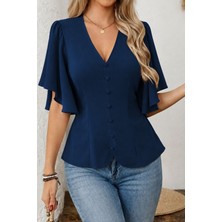 Gökyüzü Moda Kadın Kısa Kollu Önden Düğmeli Ithal Krep Bluz