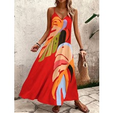 Alyn Wear Kadın Ip Askılı V Yakalı Desenli Süprem Maxi Elbise
