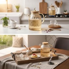Skygo Deconox 1600 ml Kristal Desenli Isıya Dayanıklı Cam Demlik - Ahşap Kapaklı, Gold Detaylı Büyük Boy Borosilikat Çaydanlık