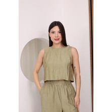 Famoda Haki Sırtı Çapraz Bağcıklı Crop Bluz & Yüksek Bel Palazzo Pantolon Alt Üst Takım