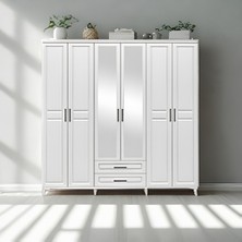 Sarıoğlu Mobilya Handy 6 Kapaklı Aynalı Mdf Gardırop 210X210 cm Beyaz | Çekmeceli, Yavaş Kapanır Kapak