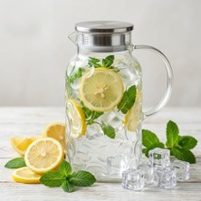Cam Sürahi, 2000 Ml, Paslanmaz Çelik Kapaklı, Şeffaf, Kabartmalı Desen, Soğuk ve Içecekler Için