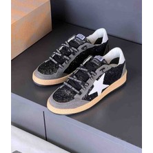 Golden Goose Ggdb Kadın Siyah Simli ve Gri Süet Detaylı Yıldızlı Sneaker Ayakkabı