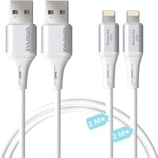 2 Adet x 2 Metre USB A-Lightning Kablo Seti, Wahoo 3.1A Hızlı Şarj, Beyaz/gümüş Metal