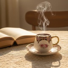 6 Kişilik Lüks Porselen Türk Kahvesi Fincan Takımı, Modern Siyah Beyaz Ekose Desenli, Detaylı ve Köşeli Kulplu, 12 Parça Çeyizlik Sunum Seti
