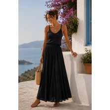 Dream Style Kadın Vual Kumaş Kırışık Beli Lastikli Uzun Astarlı Etek