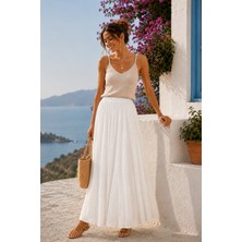 Dream Style Kadın Vual Kumaş Kırışık Beli Lastikli Uzun Astarlı Etek
