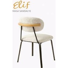 Elif Sandalye Duru Sandalye | Krem Bukle Kumaş Ahşap Detaylı Modern Metal Ayaklı Yemek Sandalyesi
