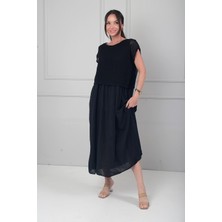 By Saygı Kadın Fileli Eteği Büzgülü Italyan Cotton Midi Elbise