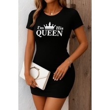 Stelol Kadın Kısa Kollu Queen Baskı Iki Iplik Mini Elbise