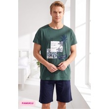 Seamlife Homewear Erkek Yeşil Desenli Bisiklet Yaka Düğmesiz Pamuklu Yazlık Kısa Kol Cepli Şortlu Pijama Takımı