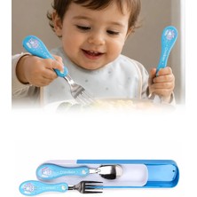 Omilife Çocuk Mama Kaşığı Çatal Seti Silikon Saplı Figürlü Metal Uçlu Bebek Yemek Seti Mavi