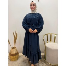 JOOQSTORE Ağaç Kabuğu Ince Tensel Yakası Çiçekli Elbise