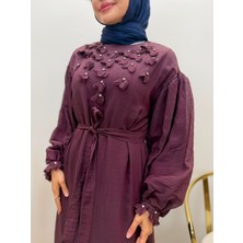 JOOQSTORE Ağaç Kabuğu Ince Tensel Yakası Çiçekli Elbise