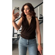 Elisin Acı Kahve Lyocell Karışımlı Kruvaze Bluz