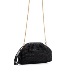 Adelina Bags Kadın Burslu Hasır Çanta Portföy Clutch Siyah Omuz Çantası El ve Omuz Askılı Hasır Çanta