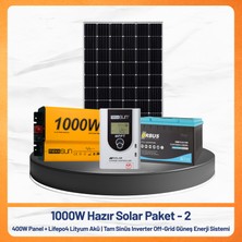1000W Hazır Solar Paket - 2 400W Panel + Lifepo4 Lityum Akü + Tam Sinüs Inverter Off-Grid Güneş Enerji Sistemi
