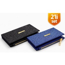 Adelina Bags 2'li Cüzdan Paketi Simli Görünümlü Kadın Cüzdan Ince Kibar Kadın Cüzdanı 2 Adet Siyah ve Mavi
