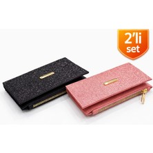 Adelina Bags 2'li Cüzdan Paketi Simli Görünümlü Kadın Cüzdan Ince Kibar Kadın Cüzdanı 2 Adet Siyah ve Pudra