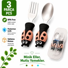 Jojobebek Uğurböceği Premium Çocuk Bpa'sız Silikon Saplı Paslanmaz Çelik Uçlu Çatal-Kaşık/saklama Kutusu 9+Ay