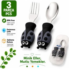 Jojobebek Uğurböceği Premium Çocuk Bpa'sız Silikon Saplı Paslanmaz Çelik Uçlu Çatal-Kaşık/saklama Kutusu 9+Ay