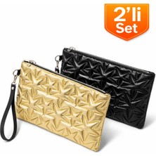Adelina Bags 2'li Çanta Paketi Yıldız Desenli Portföy El Çantası Bilek Askılı Clutch Çanta