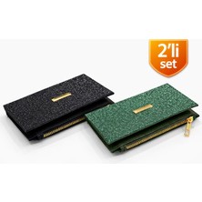 Adelina Bags 2'li Cüzdan Paketi Simli Görünümlü Kadın Cüzdan Ince Kibar Kadın Cüzdanı 2 Adet Siyah ve Yeşil
