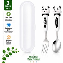 Jojobebek Siyah-Beyaz Renk Panda Figürlü Premium Çocuk Bpa Free Paslanmaz Çelik Uçlu Çatal-Kaşık Set 24+ Ay
