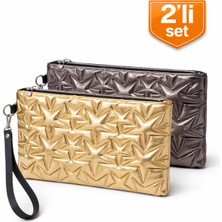 Adelina Bags 2'li Çanta Paketi Yıldız Desenli Portföy El Çantası Bilek Askılı Clutch Çanta