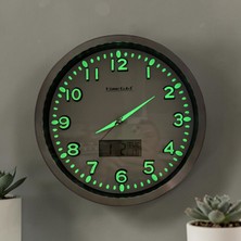 Bahat Fosforlu Termometreli Isı Ölçer Dijitalli 3D Duvar Saati Metal Çerceveli Çap 30 cm