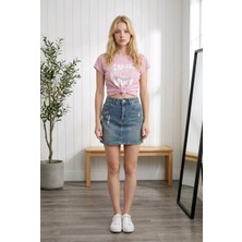 Hies Denim Cepli Yırtmaçsız Yüksek Bel Yırtık Detaylı Likralı Kısa Kot Etek - 38 cm ( Mavi Lazer Tint )