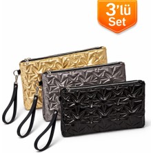 Adelina Bags 3'lü Çanta Paketi Yıldız Desenli Portföy El Çantası Bilek Askılı Clutch Çanta
