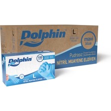 Dolphin Mavi Nitril Muayene Eldiven L Beden 100 Adet Düz Desenli Dayanıklı Malzeme