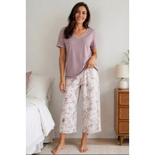 26495-NENA Kısa Kollu V Yaka % 100 Pamuk Kiss Kapri Pijama Takımı