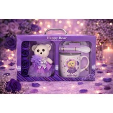 Eng Parti Dünyası Happy Bear Temalı Ayıcık, Kupa ve Dekoratif Gül Hediye Seti Eng-Kb-33-Mor