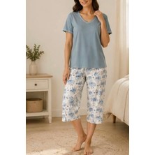 26495-NENA Kısa Kollu V Yaka % 100 Pamuk Kiss Kapri Pijama Takımı