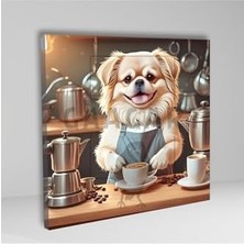 Kare Kanvas Kahve Köşesi Cafe Tablosu Barista Pekinez Köpek, 40 x 40